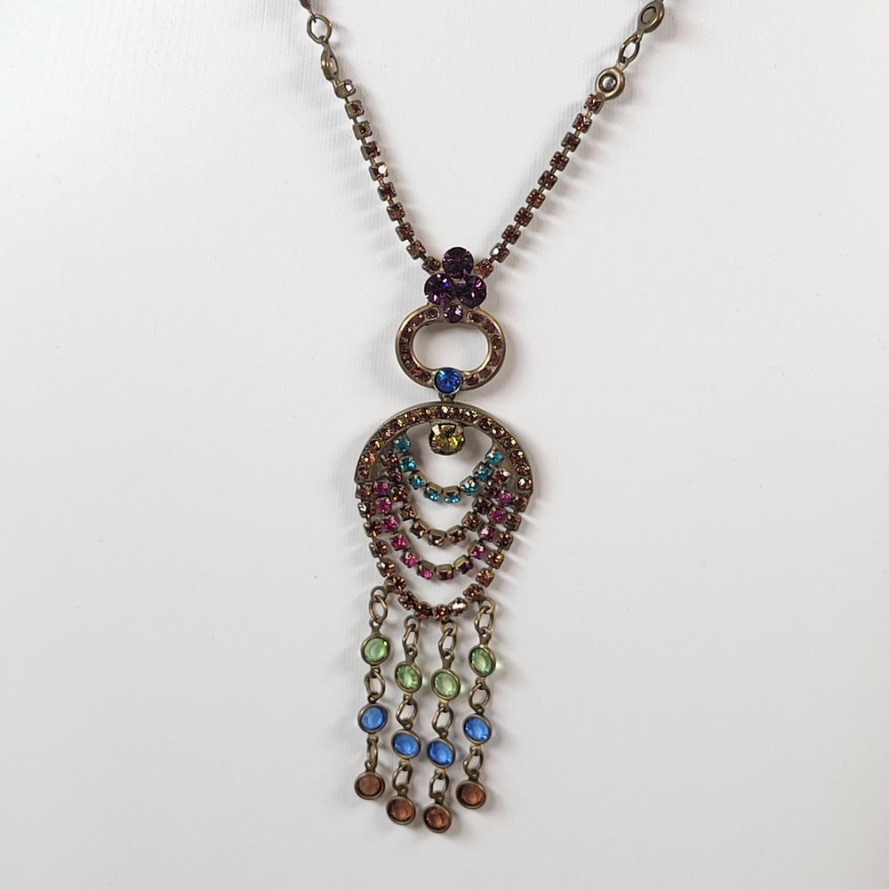 Sorrelli Brass Crystal Rhinestone Necklace Chandelier Drop Bib Multi Color